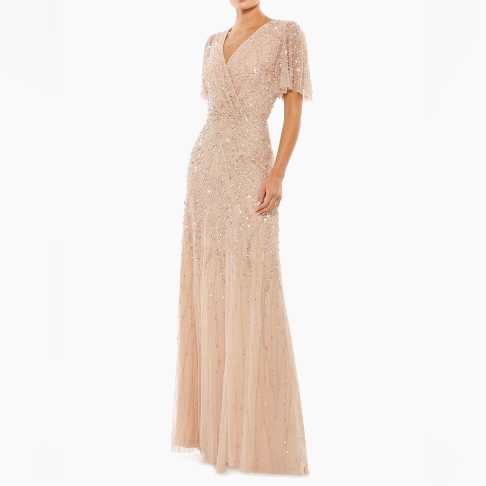 Mac Duggal Champagne Beaded Maxi Dress
